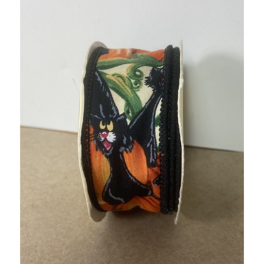 Fabric Ribbon Black Cat Pumpkin 1.25 in Halloween 4 Yards Spooled Vintage - Picture 5 of 5
